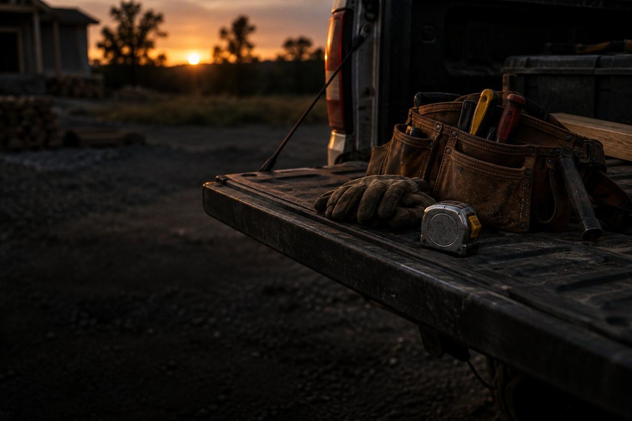 A tool belt, tape measure and work gloves on a truck tailgate at dusk
