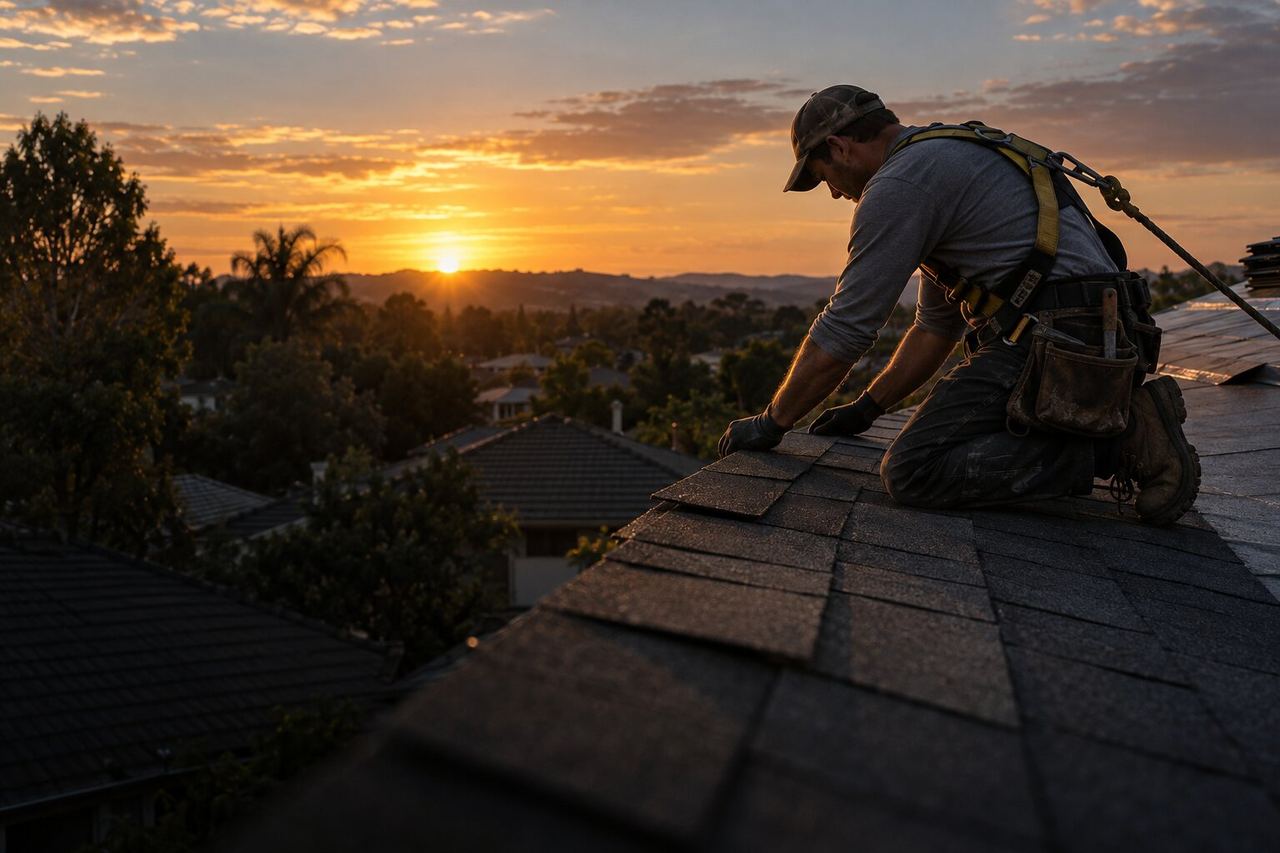 A roofer in a safety harness fitting shingles at golden hour